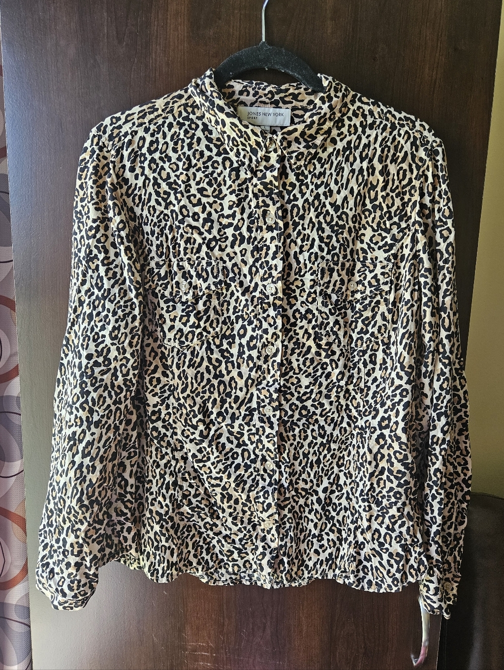 Jones New York Animal Print Button Front Blouse in Beige and Black Size Large